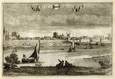 135356 Gezicht over de Lek op Wijk bij Duurstede met links het kasteel Duurstede, uit het oosten.01-01-1697-31-12-1698